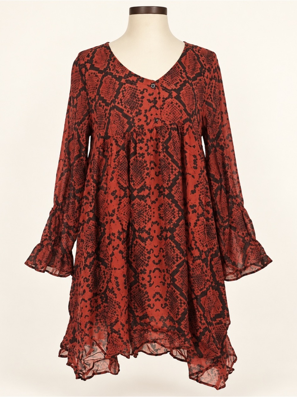 Zara 100% Viscose Red  and Black Snake-Print Long-Sleeve Tunic